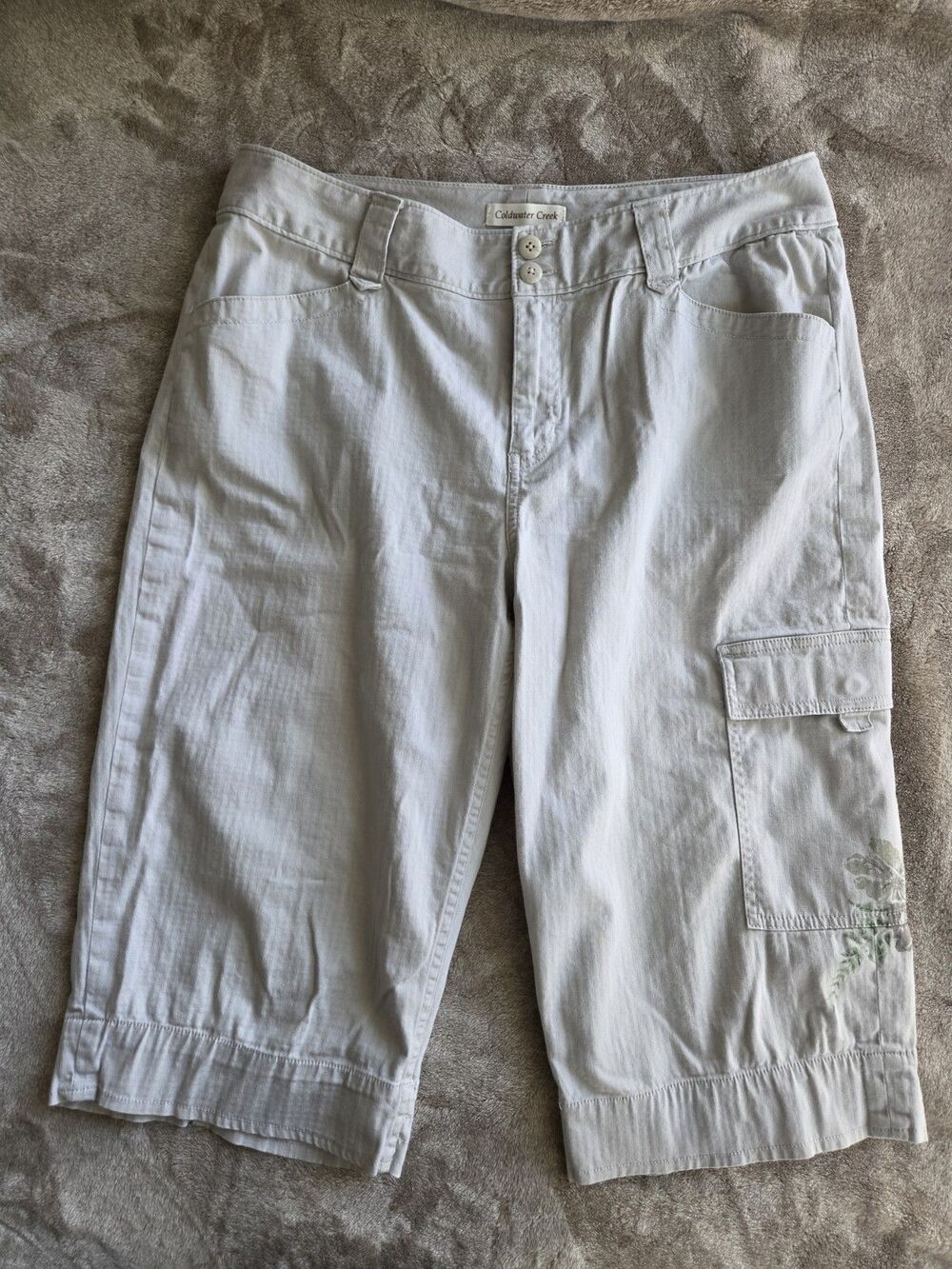 Coldwater Creek Capri Pants Petite 12 Cargo Cotton Floral Slub Cross Hatch Beige